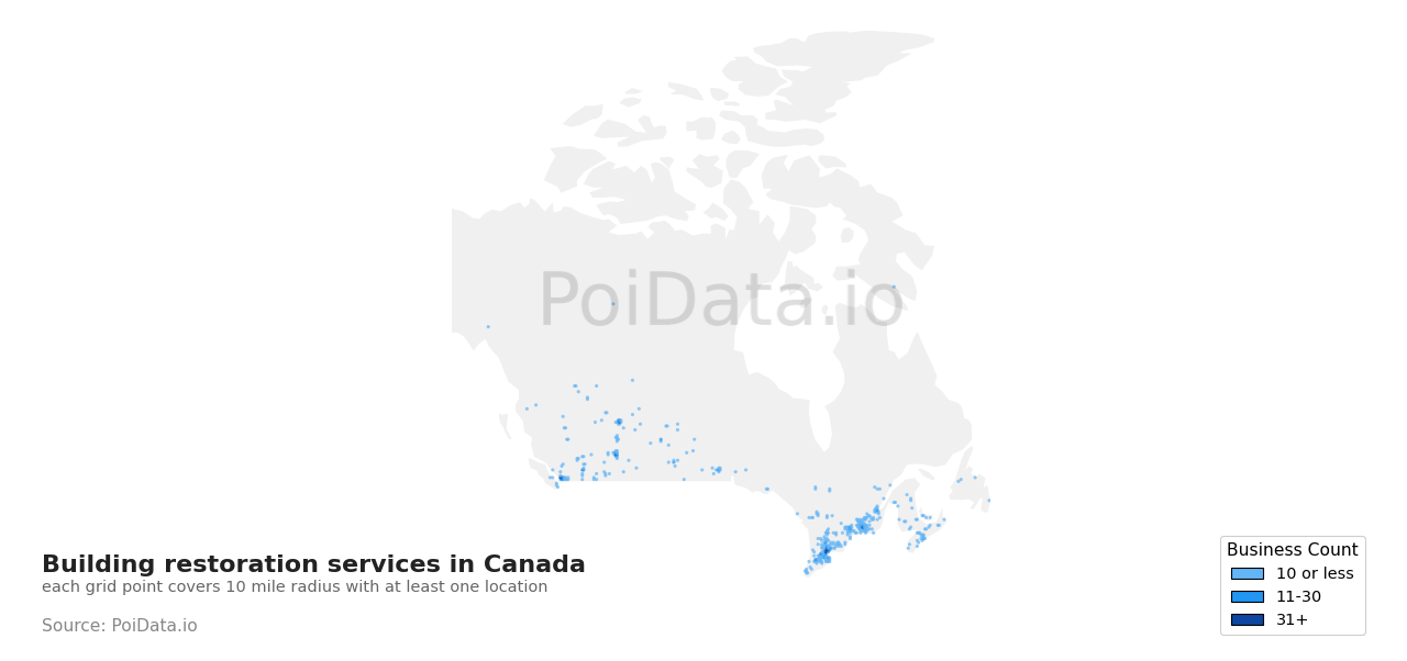 Building restoration service density map for Canada