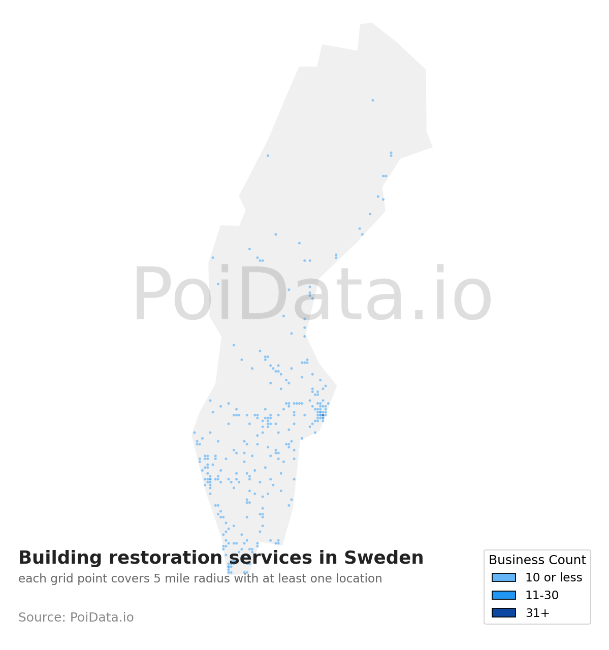 Building restoration service density map for Sweden