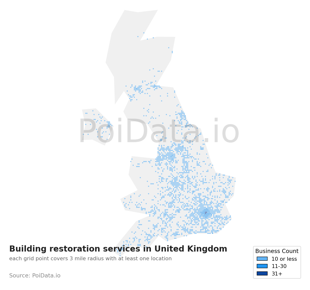 Building restoration service density map for United Kingdom
