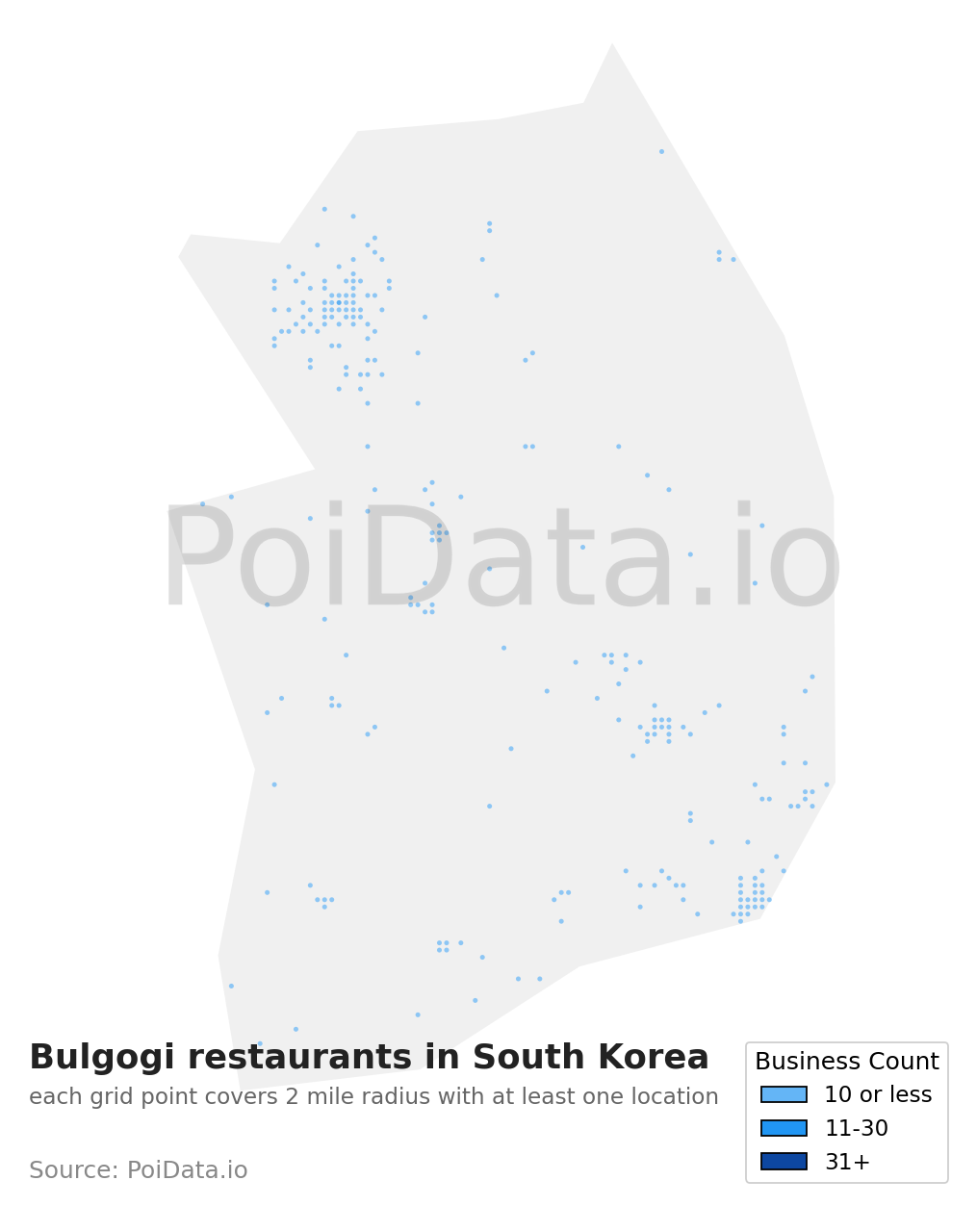 Bulgogi restaurant density map for South Korea