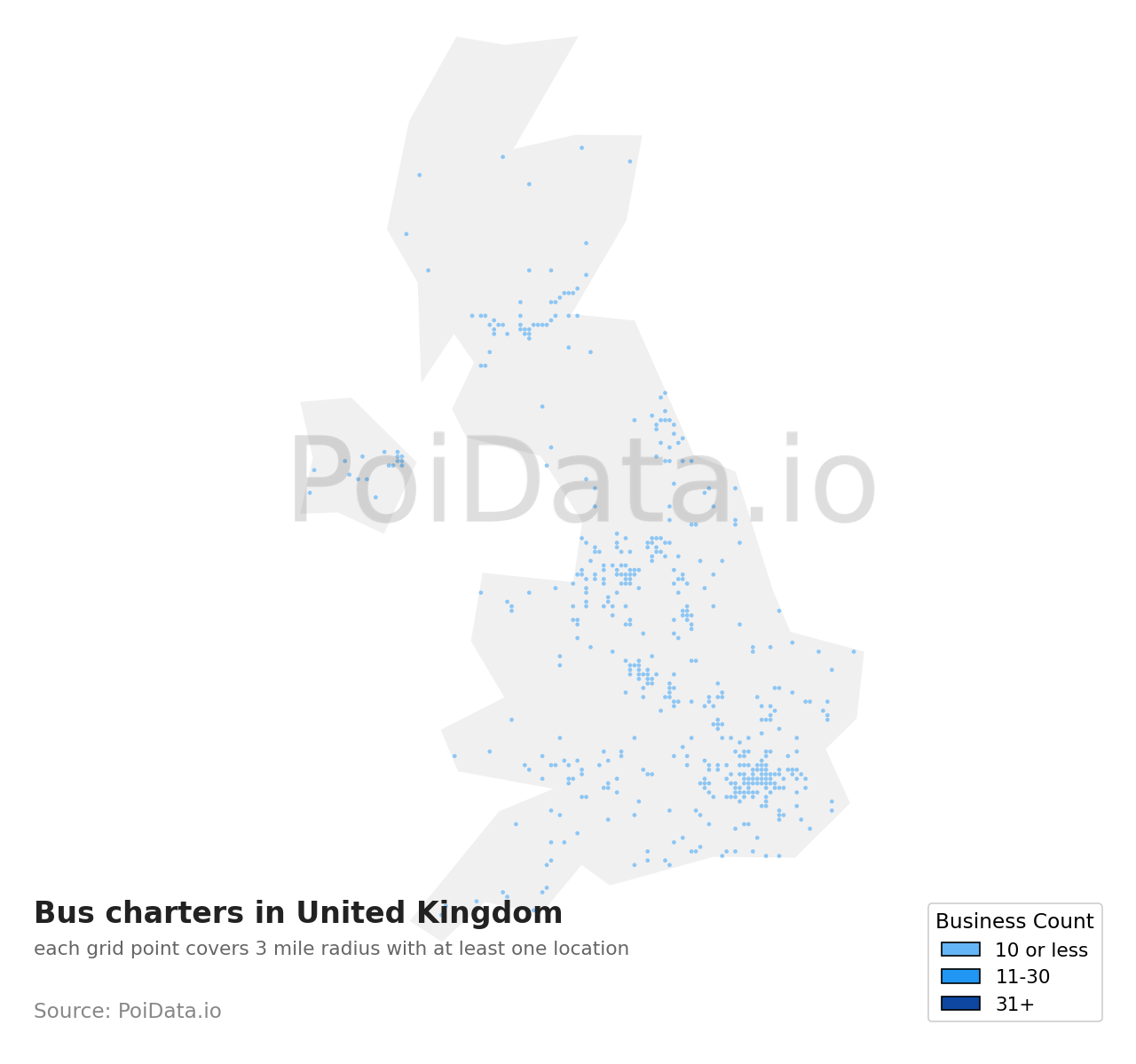 Bus charter density map for United Kingdom