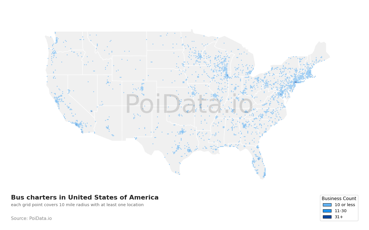 Bus charter density map for Tennessee, United States