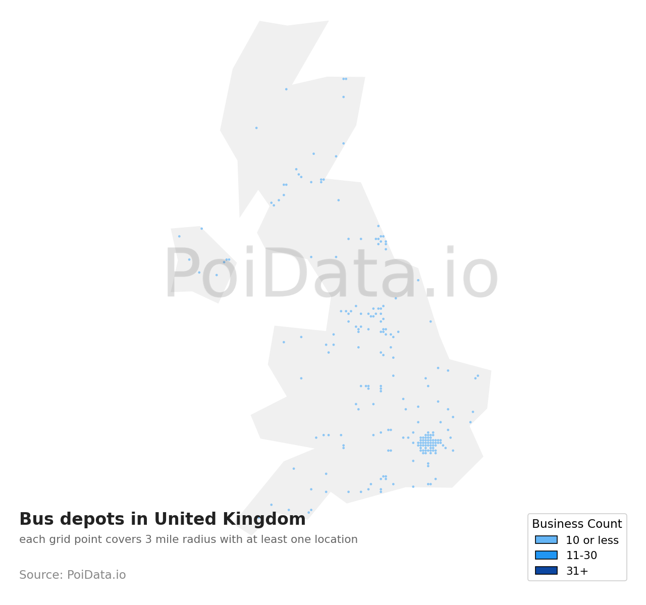 Bus depot density map for United Kingdom