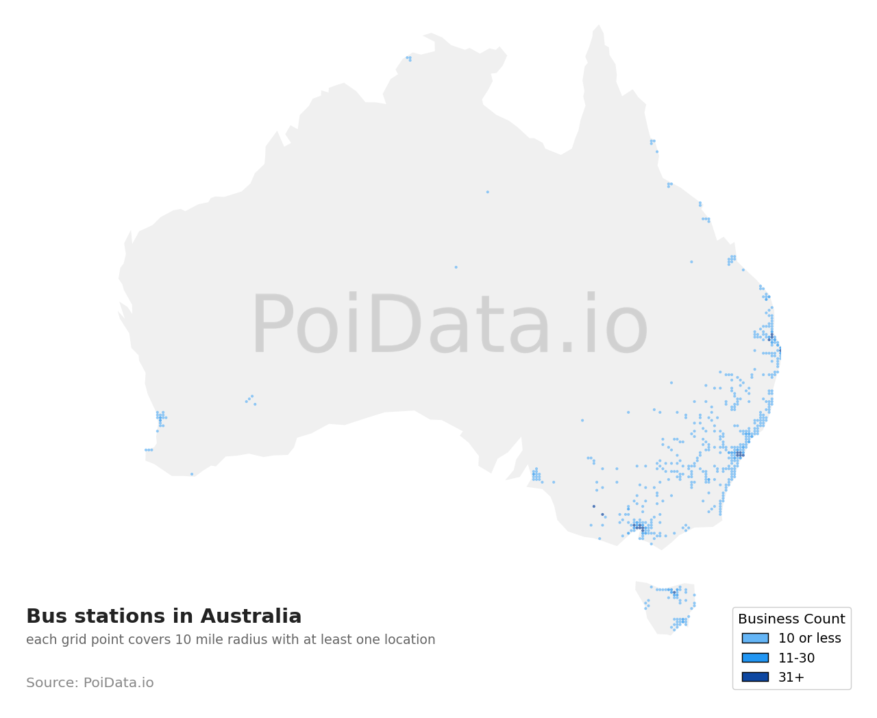 Bus station density map for Australia