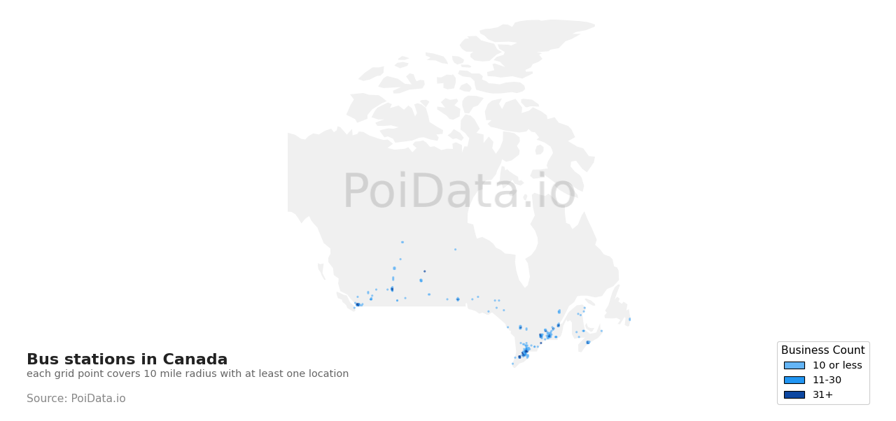 Bus station density map for Canada