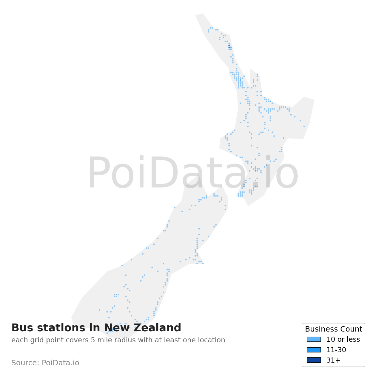 Bus station density map for New Zealand
