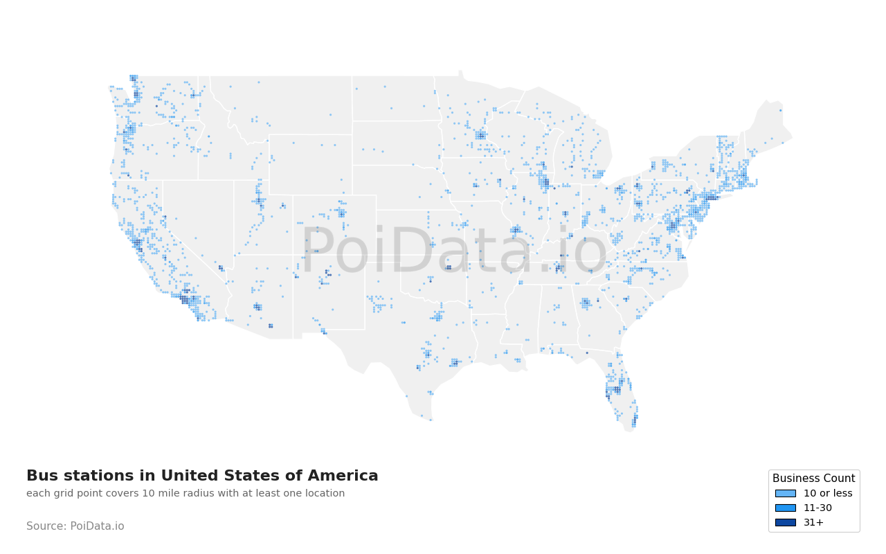 Bus station density map for United States