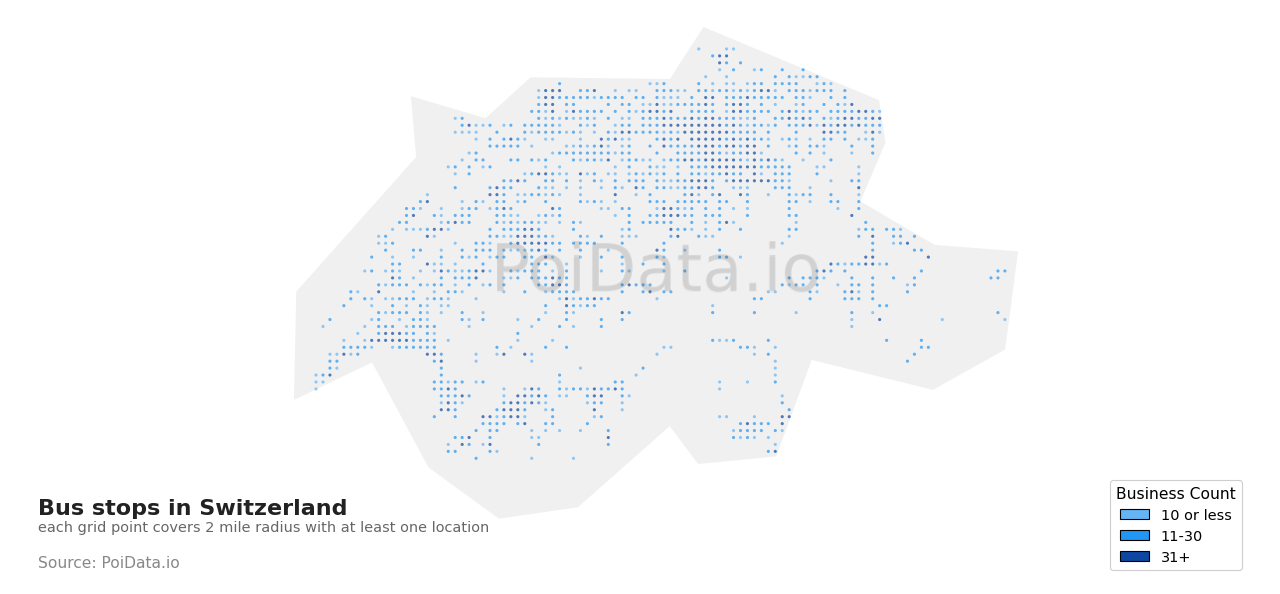 Bus stop density map for Switzerland