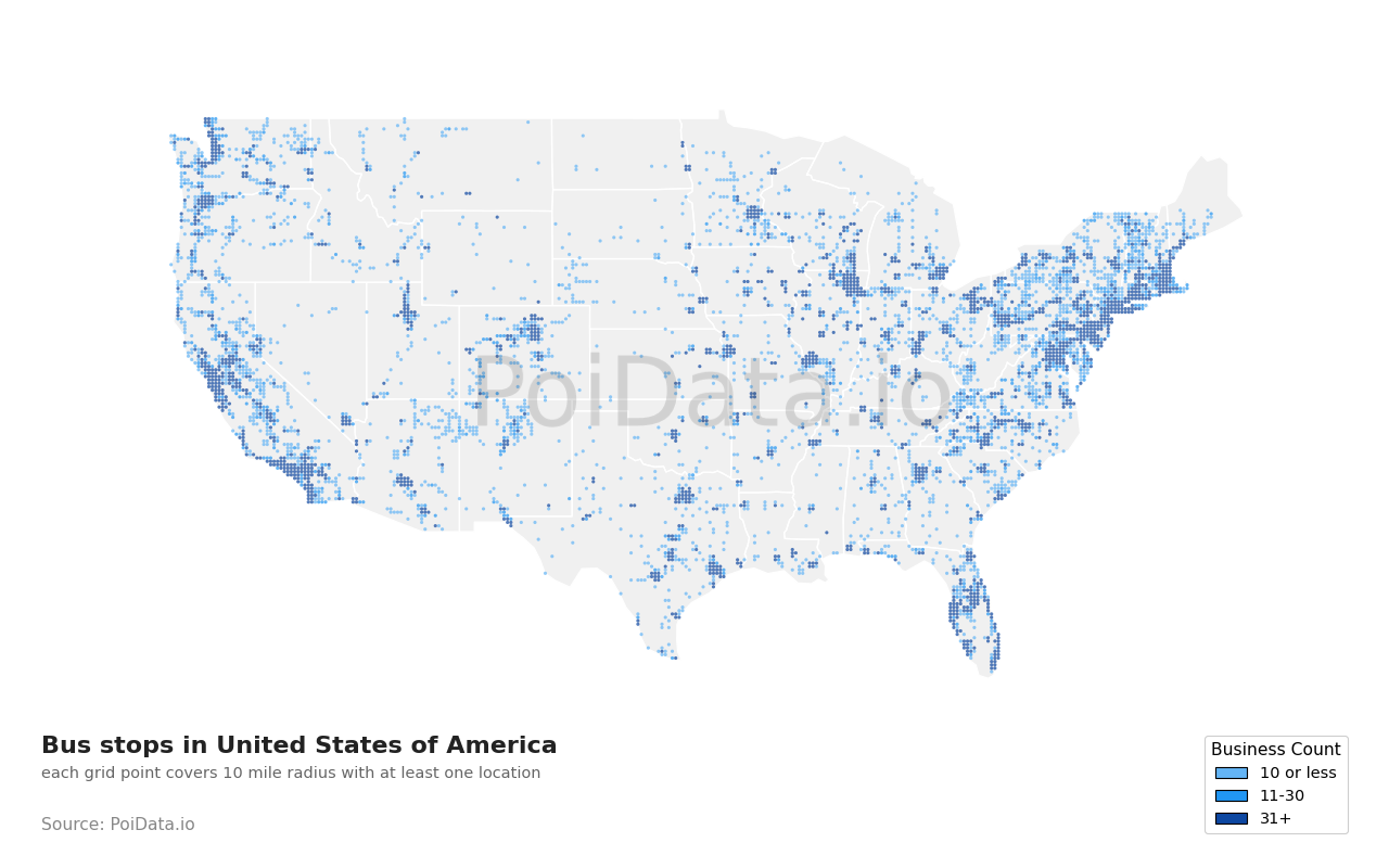 Bus stop density map for Florida, United States