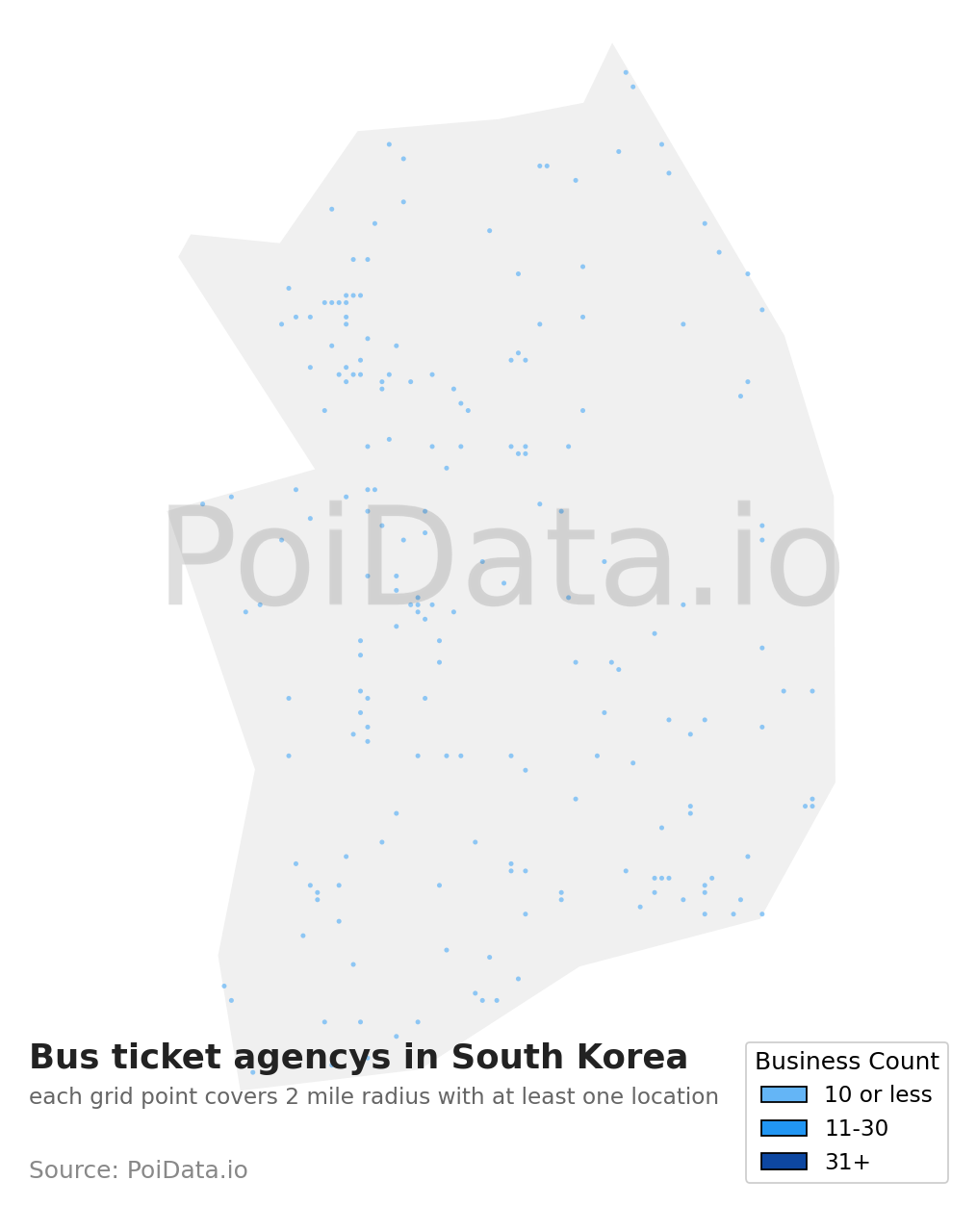 Bus ticket agency density map for South Korea