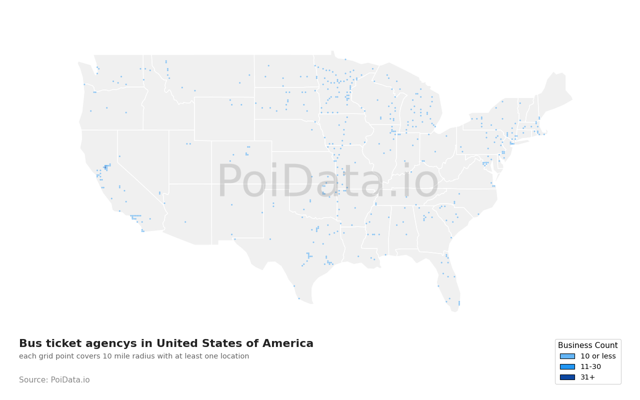 Bus ticket agency density map for Massachusetts, United States