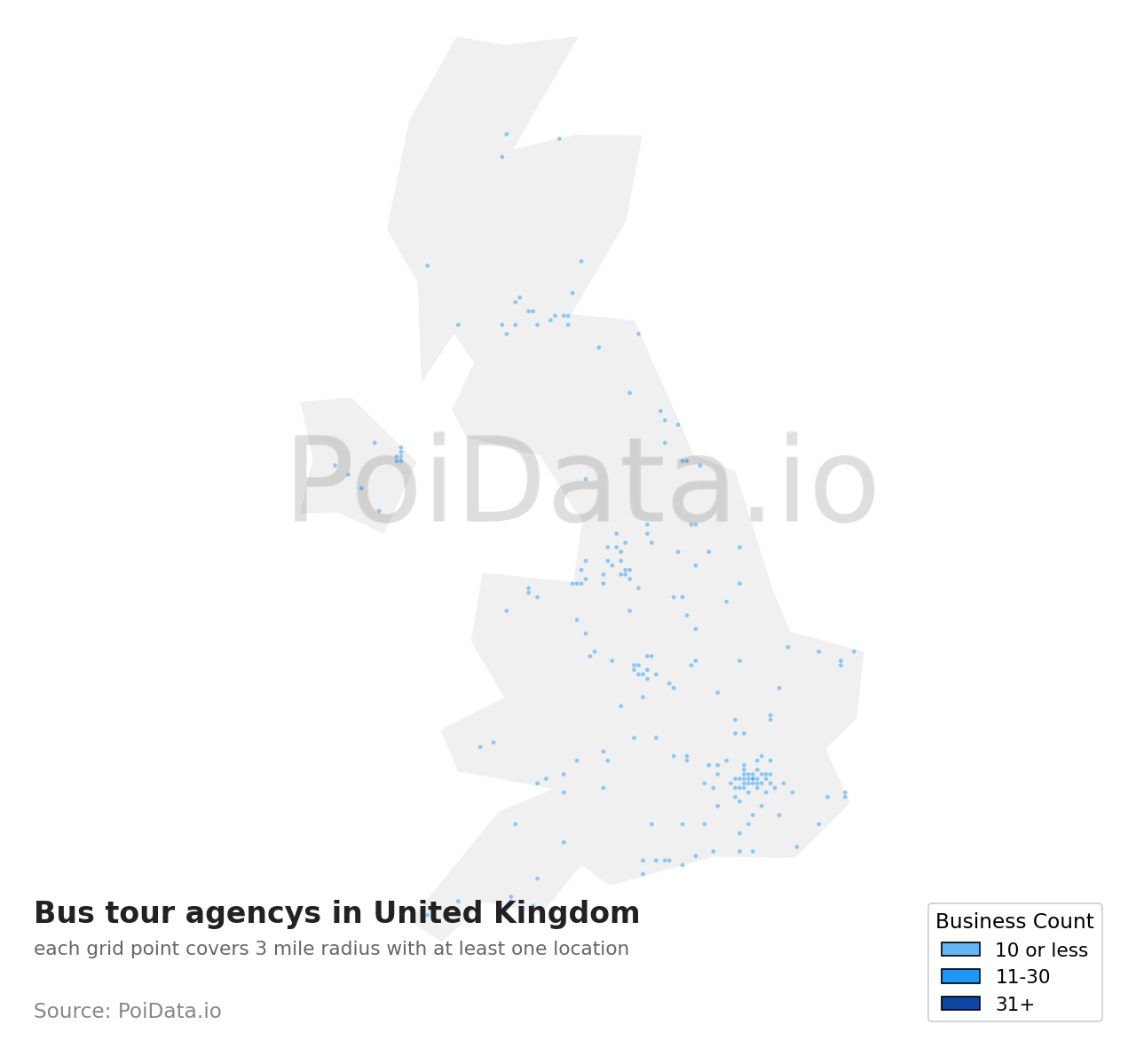 Bus tour agency density map for United Kingdom