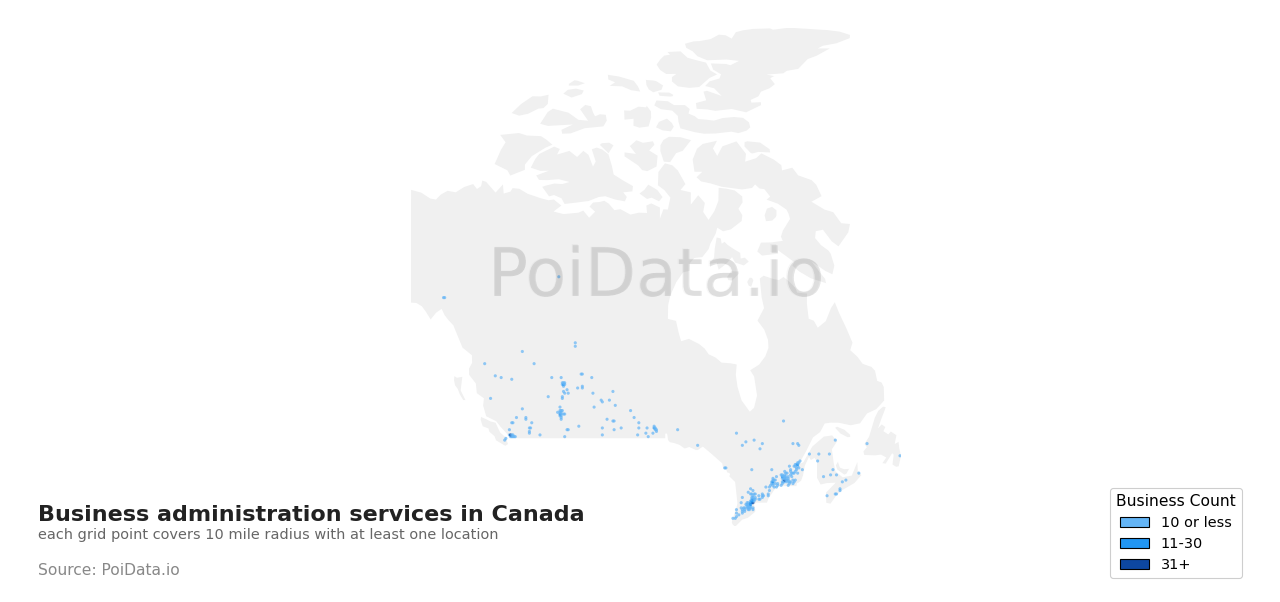Business administration service density map for Ontario, Canada