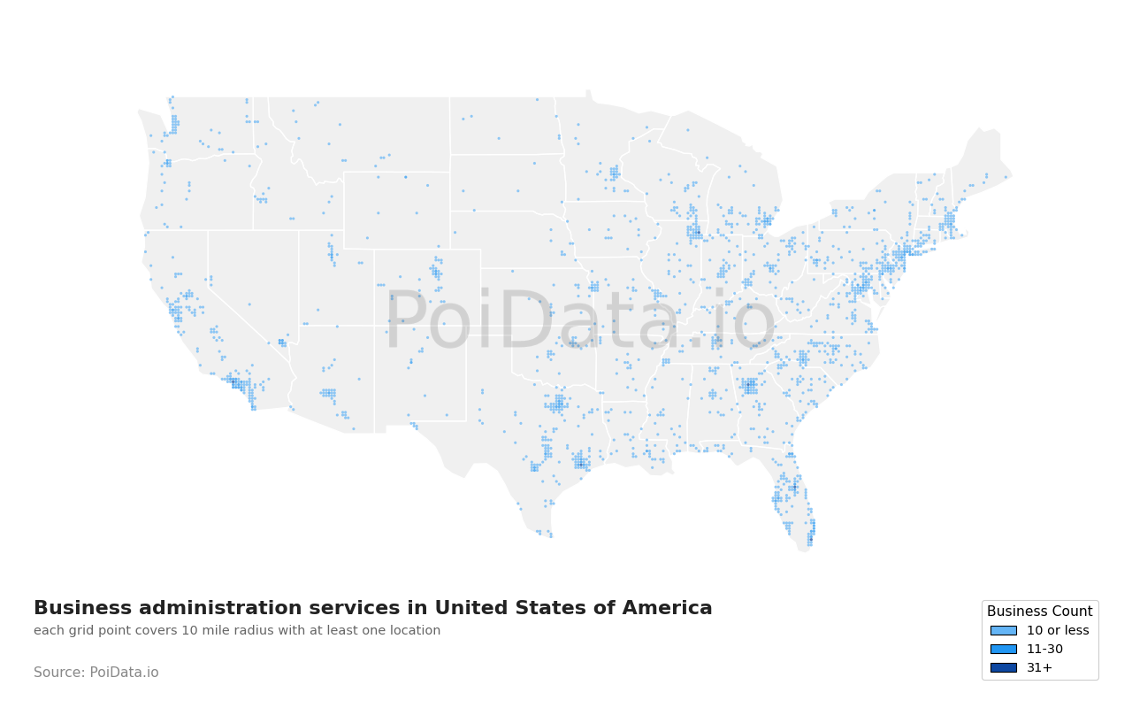 Business administration service density map for Maryland, United States