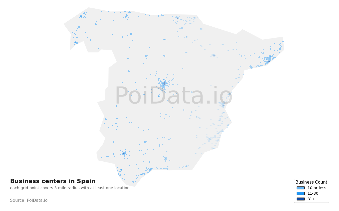 Business center density map for Spain