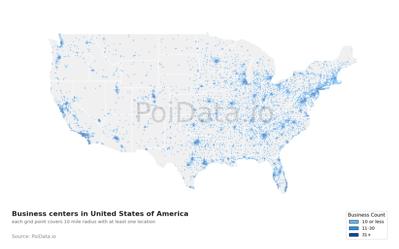 Business center density map for North Dakota, United States