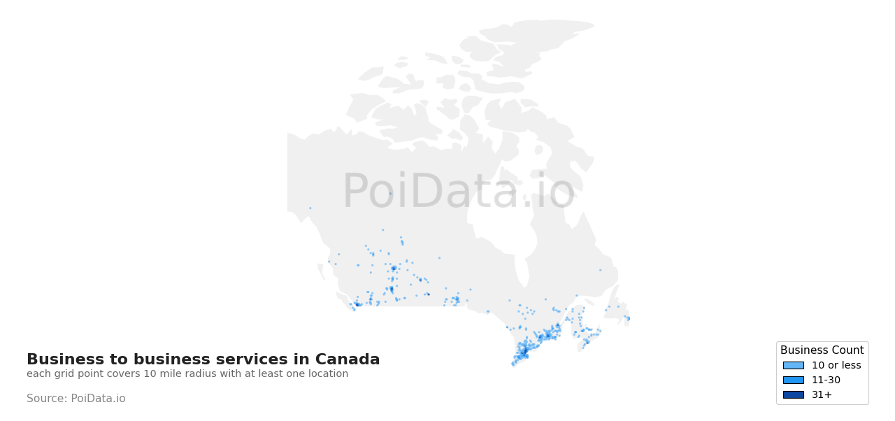 Business to business service density map for Ontario, Canada