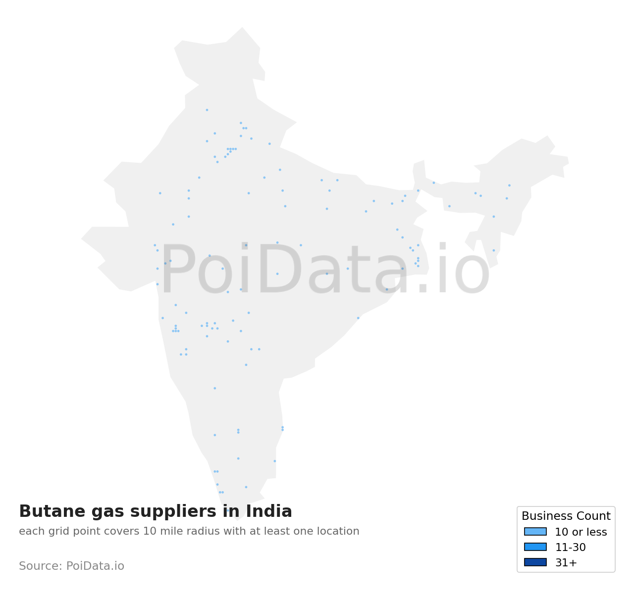 Butane gas supplier density map for India