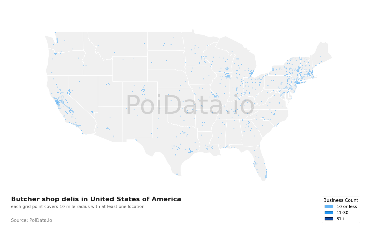 Butcher shop deli density map for United States