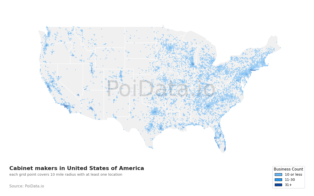 Cabinet maker density map for United States