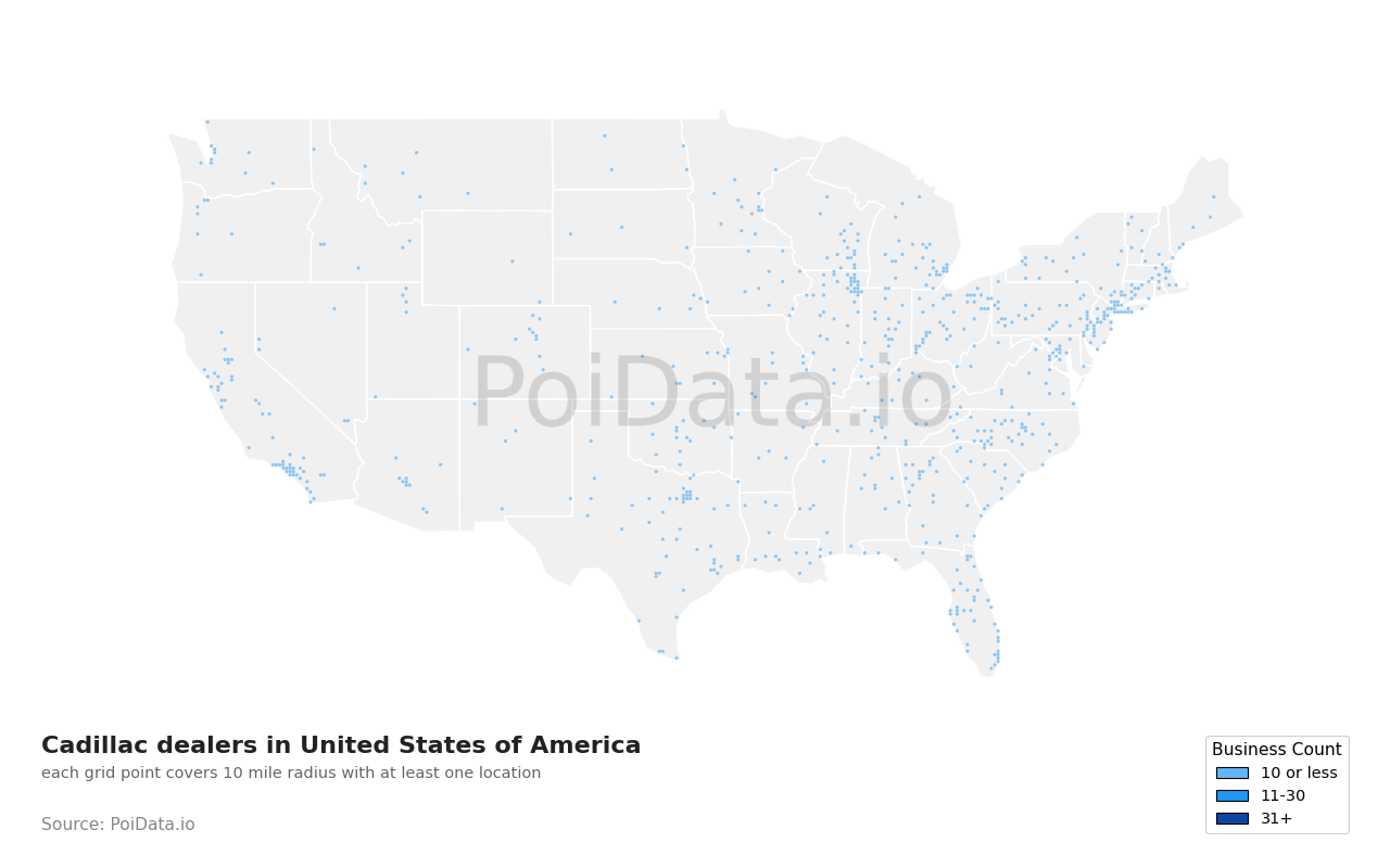 Cadillac dealer density map for Montana, United States