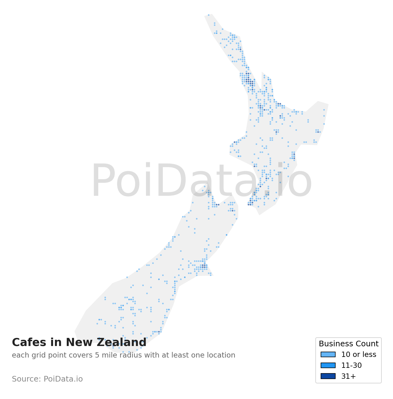 Cafe density map for Taranaki Region, New Zealand