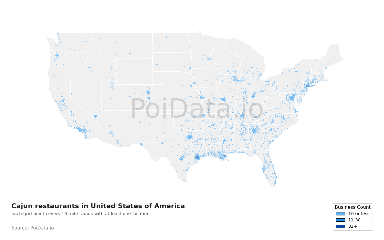 Cajun restaurant density map for United States
