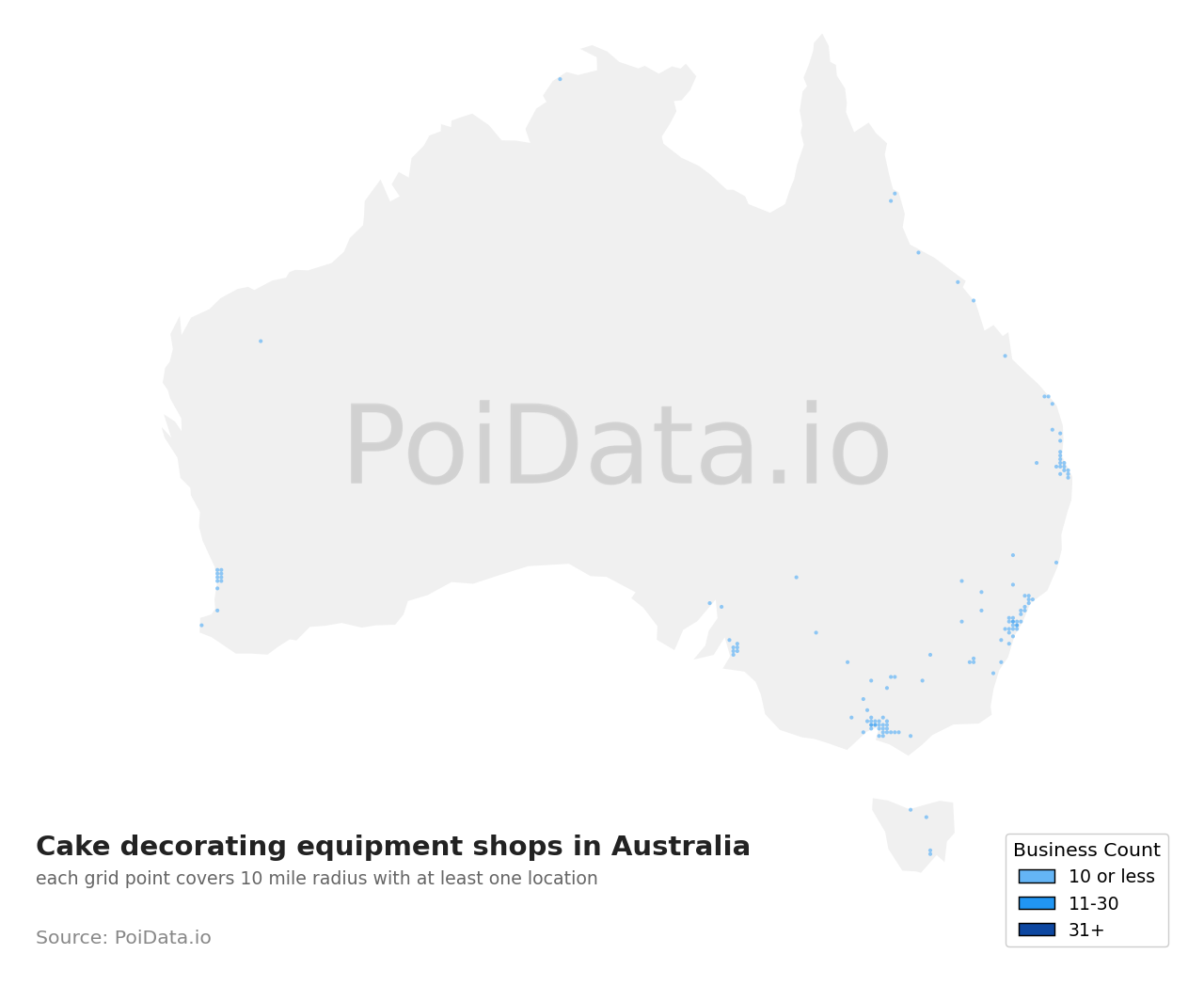 Cake decorating equipment shop density map for Australia