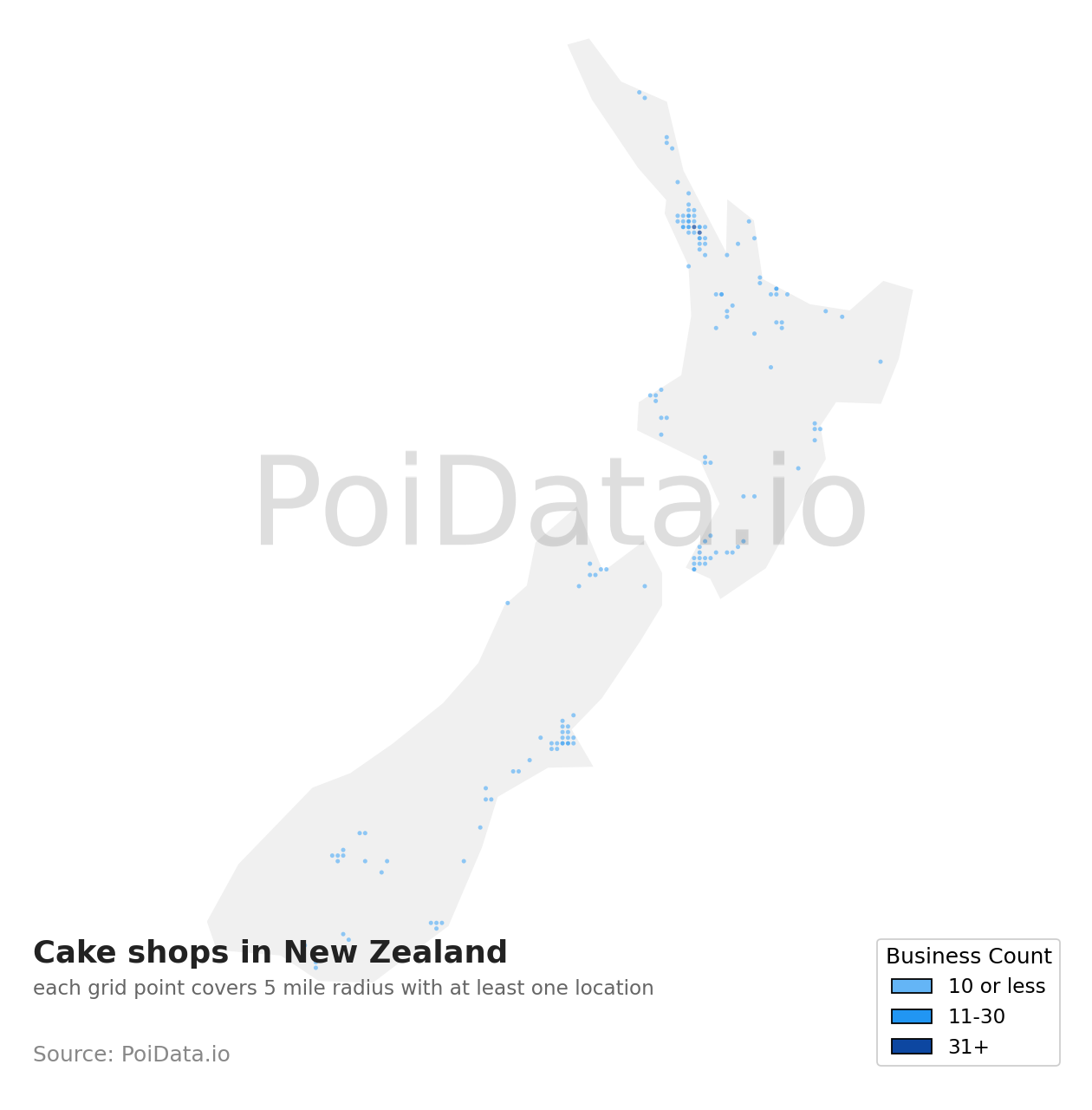 Cake shop density map for New Zealand