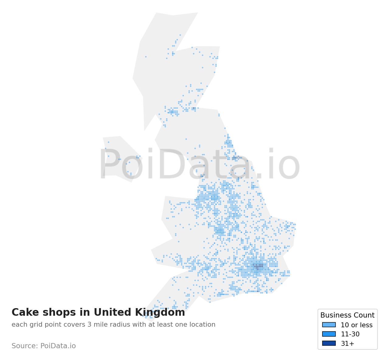 Cake shop density map for United Kingdom