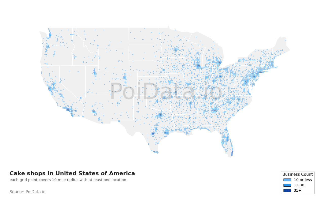 Cake shop density map for United States