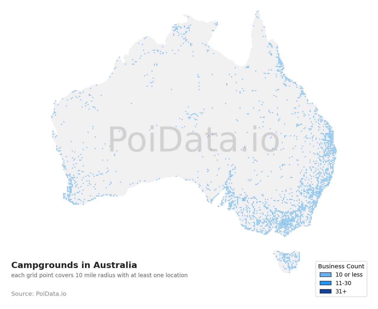 Campground density map for Australia