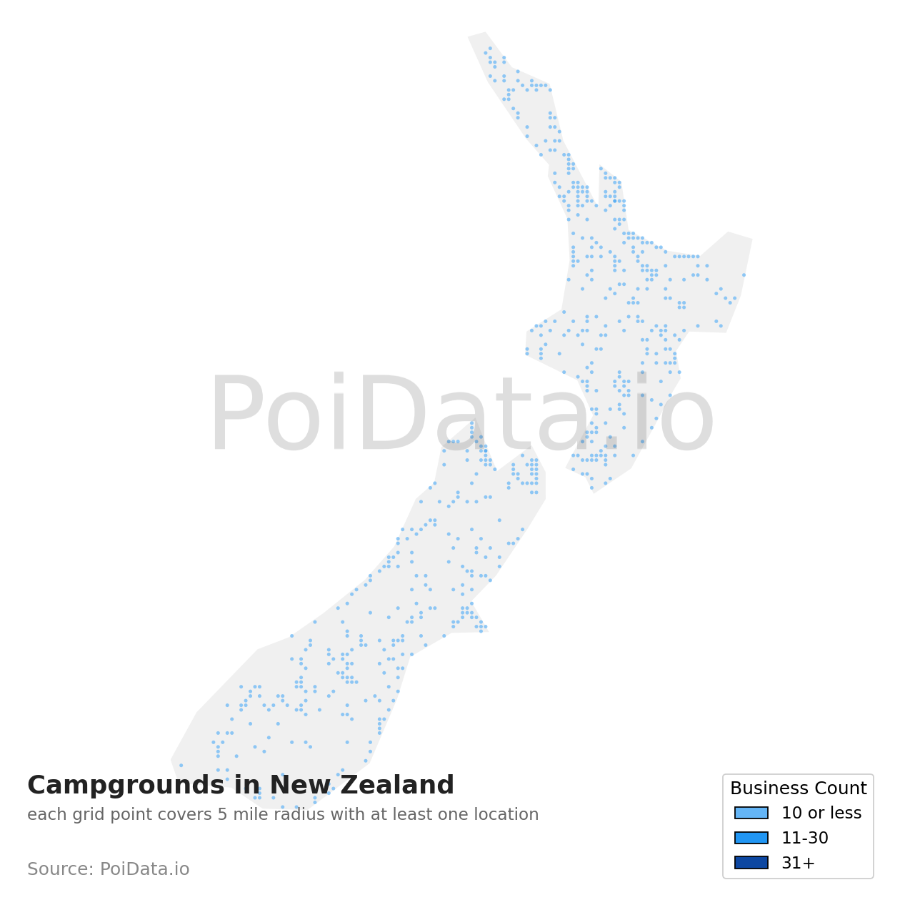 Campground density map for New Zealand