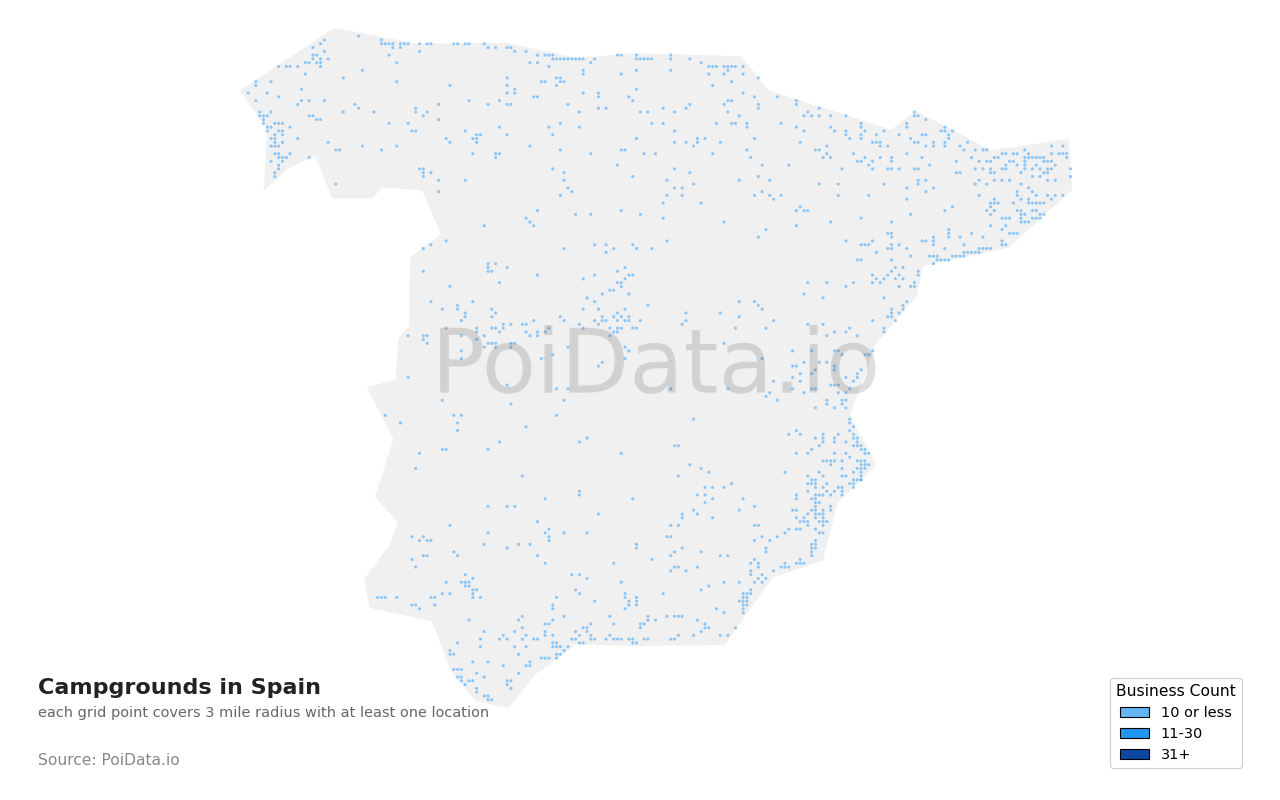 Campground density map for Spain