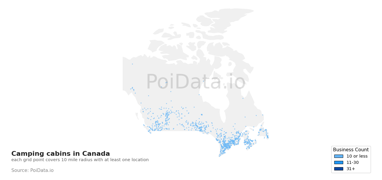 Camping cabin density map for Canada