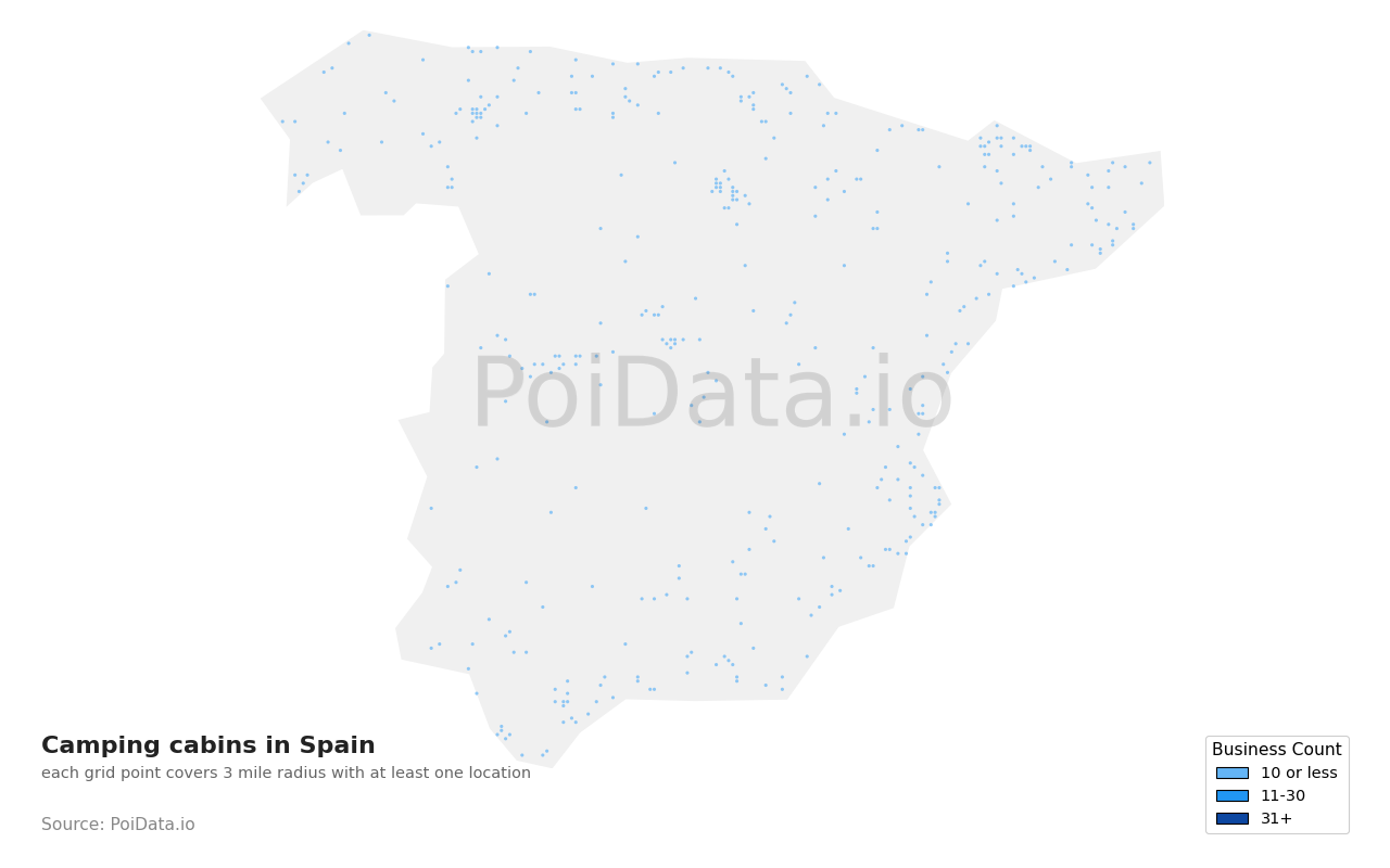 Camping cabin density map for Spain