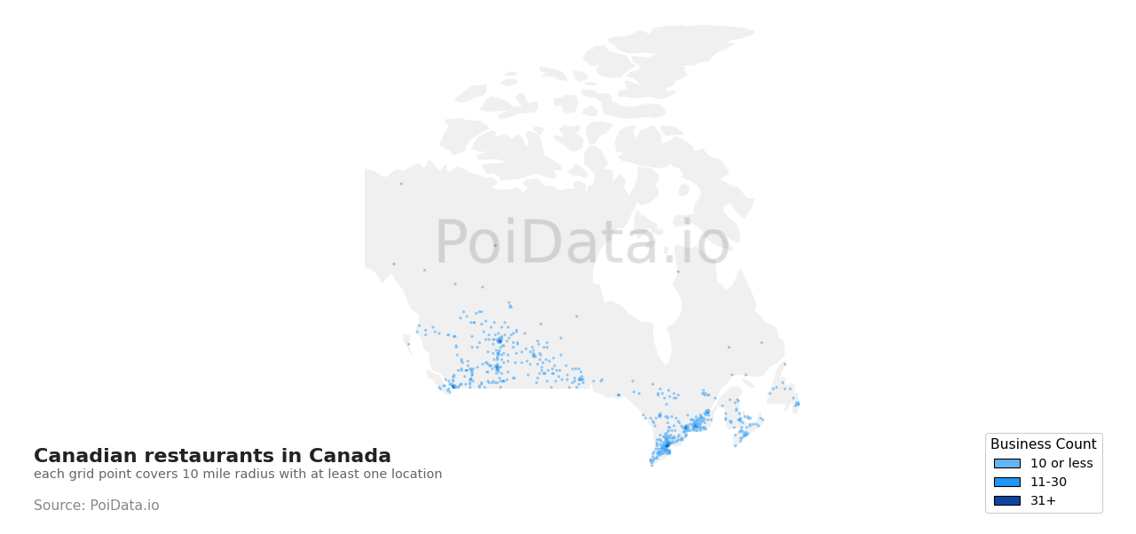 Canadian restaurant density map for Ontario, Canada