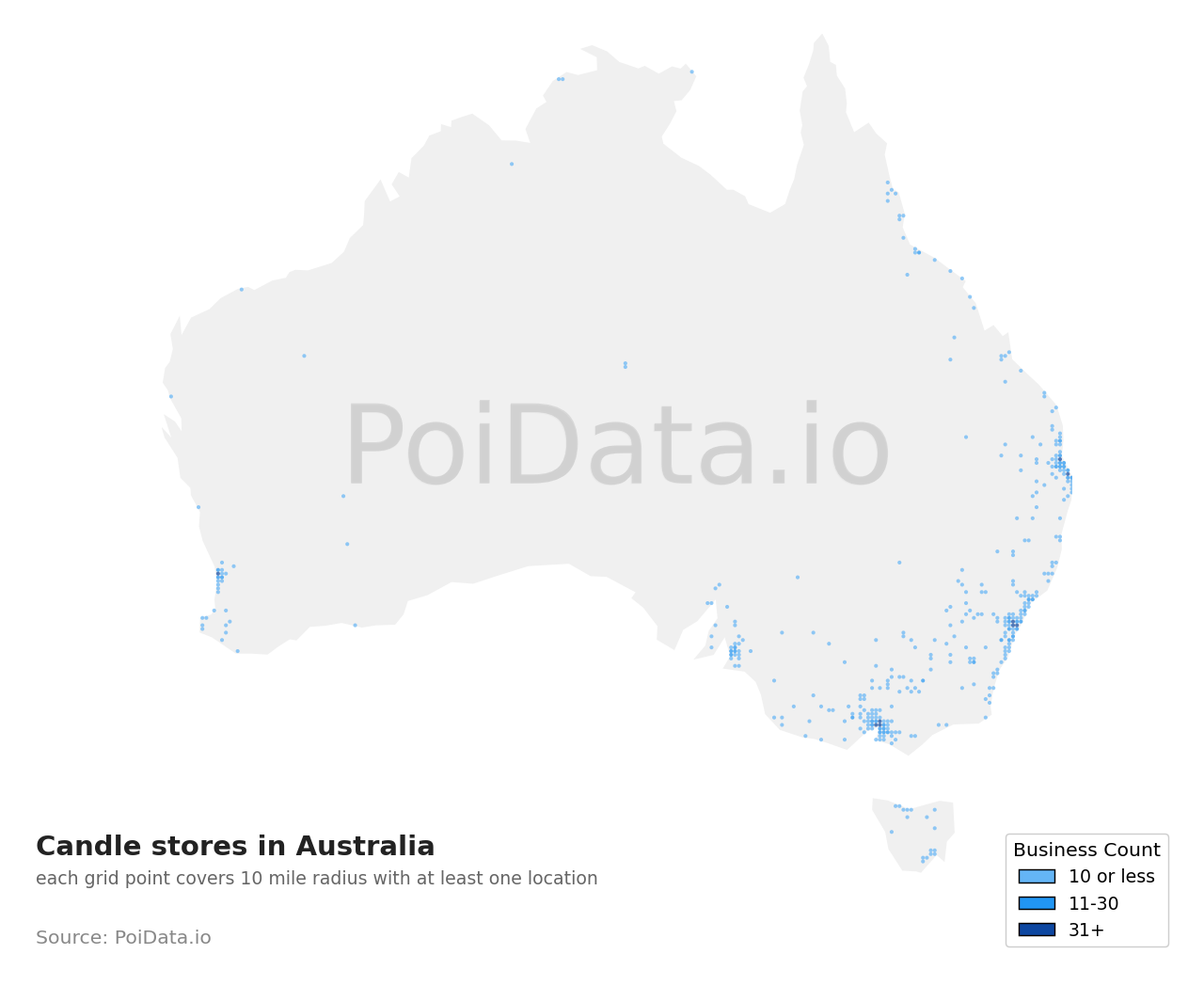 Candle store density map for Australia