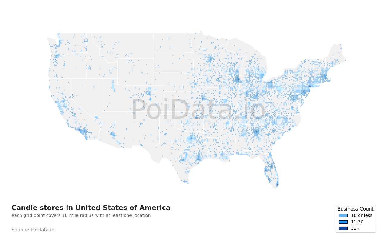 Candle store density map for Tennessee, United States