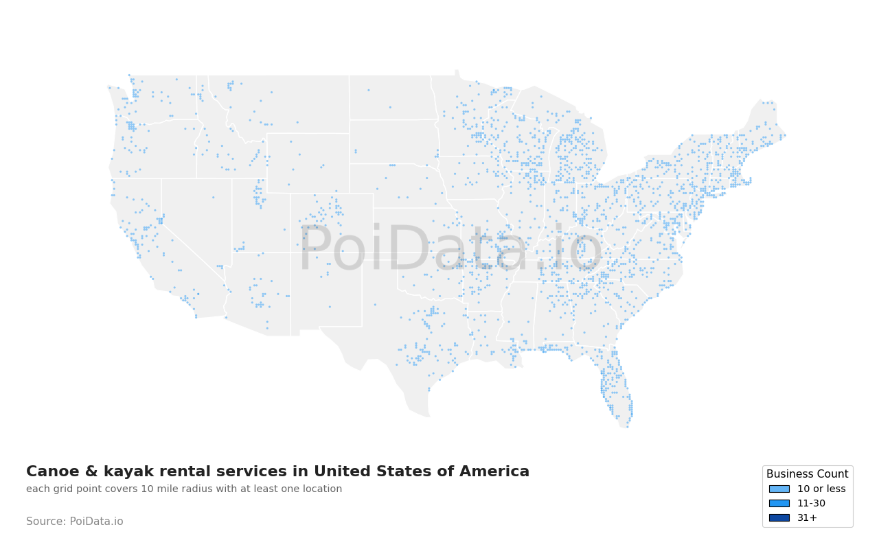Canoe & kayak rental service density map for North Carolina, United States