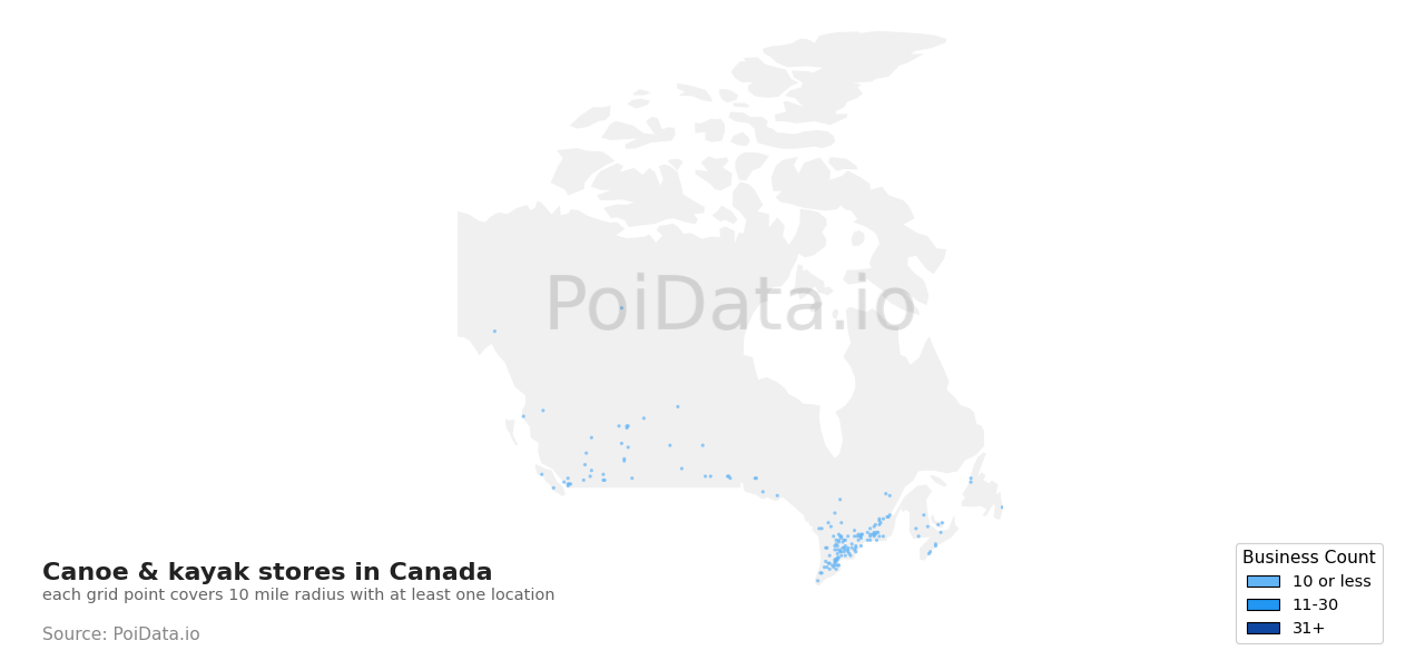 Canoe & kayak store density map for Newfoundland and Labrador, Canada