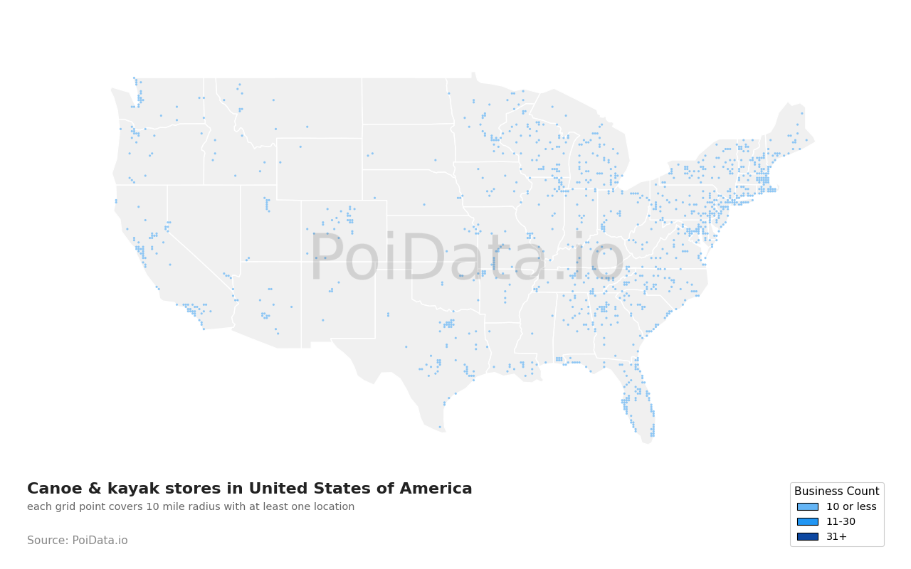 Canoe & kayak store density map for Indiana, United States