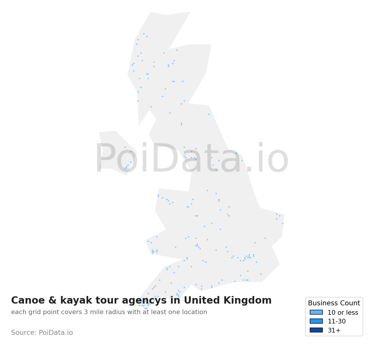 Canoe & kayak tour agency density map for United Kingdom