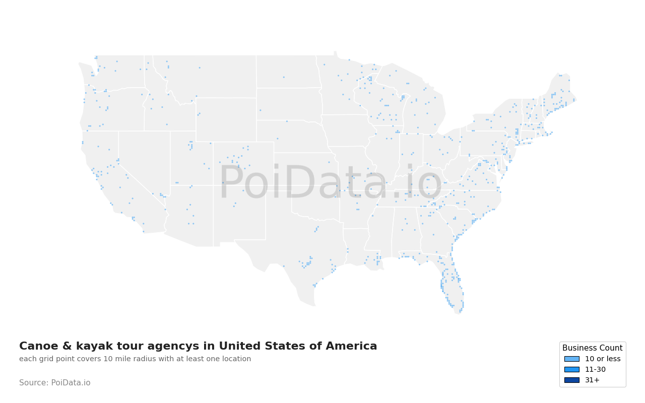 Canoe & kayak tour agency density map for North Carolina, United States