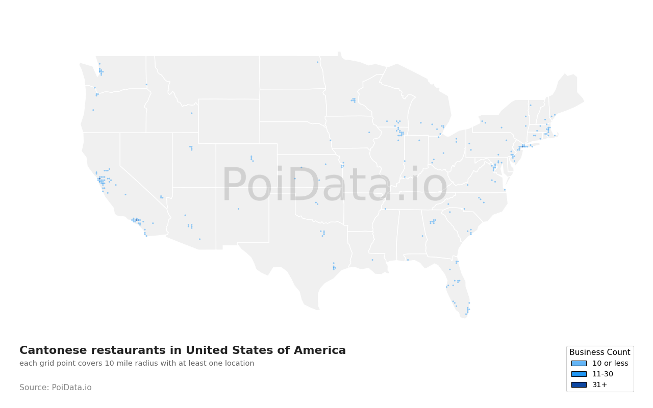 Cantonese restaurant density map for United States