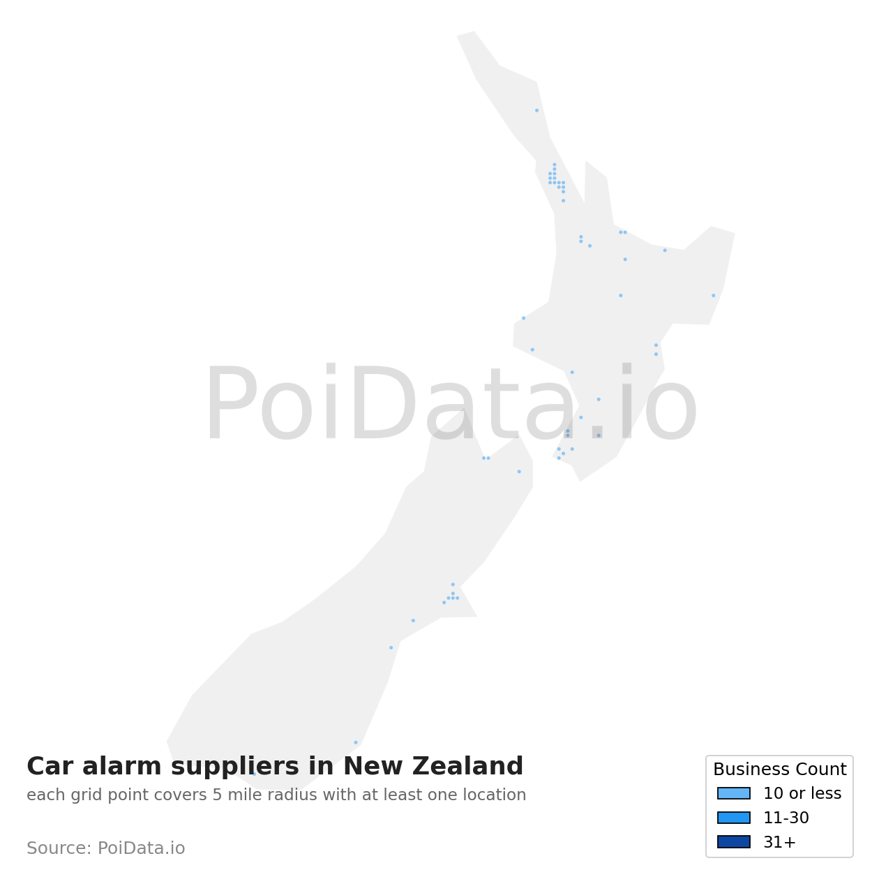 Car alarm supplier density map for New Zealand