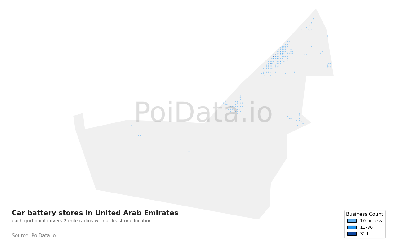 Car battery store density map for United Arab Emirates