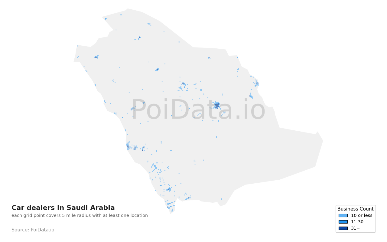 Car dealer density map for Saudi Arabia