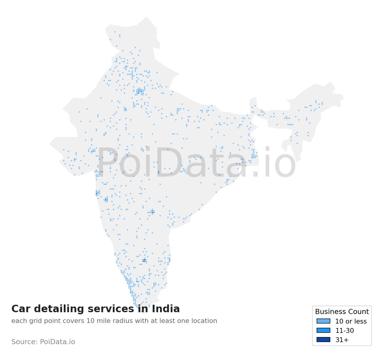 Car detailing service density map for India