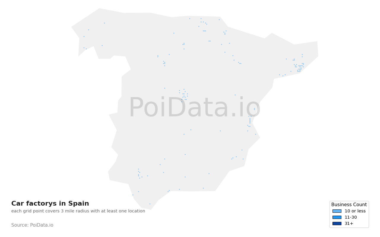 Car factory density map for Spain